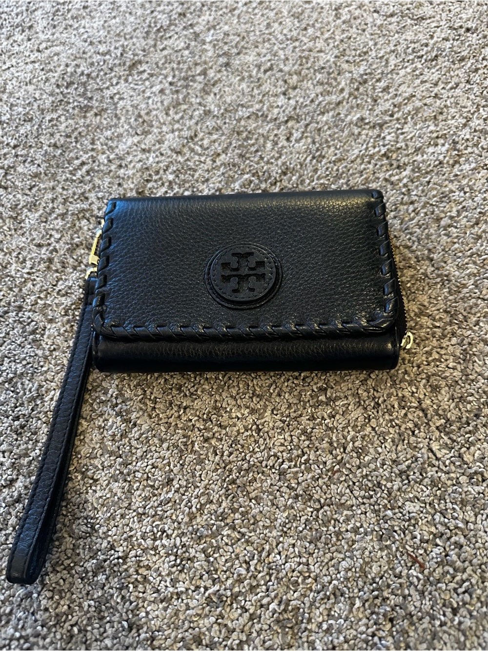 Tory Burch Black Leather Wristlet Phone Wallet with Logo